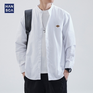hansca白色条纹衬衫男高级感青少年春季纯棉复古宽松百搭衬衣外套