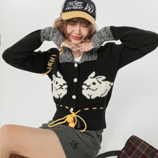 girlyhalo美式复古毛衣开衫，女早秋学院风，设计感修身针织外套