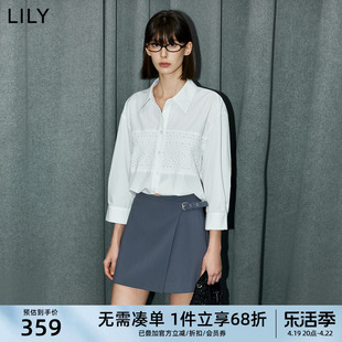 LILY2024夏女装气质优雅浪漫镂空设计感拼接通勤款宽松白衬衫