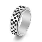 欧美跨境饰品男式钛钢黑白棋盘格子可旋转戒指潮流个性不锈钢指环