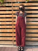 美式复古酒红色背带裤女秋季设计感宽松显瘦减龄裤子牛仔连体裤潮