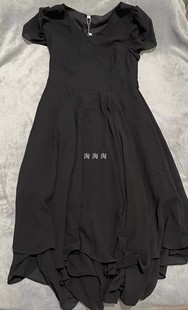2023艾搭配纯色黑色修身短袖雪纺连衣裙2折不退不换