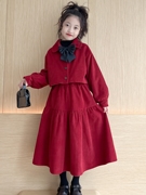 23韩版秋装童装女童中大童风衣两件套秋冬亲子装灯芯绒纯色裙套装