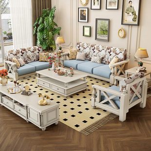 美式白色沙发实木布艺，复古小美乡村小户型客厅，家具三人位123组合