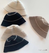 韩国遮脸渔夫帽 休闲百搭竖条针织帽子女套头素bi备盆帽潮冬