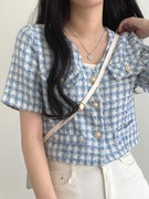 韩国chic夏季小众珍珠扣开衫，上衣设计感小香风，粗花呢短款格子外套