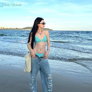 。泳衣女款三点式辣妹泳装海边分体蓝色比基尼小胸聚拢性感套装度