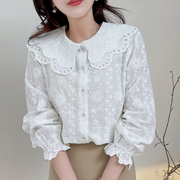 宽松长袖刺绣娃娃领白色衬衫，女2024春季韩版休闲衬衣减龄小衫上衣