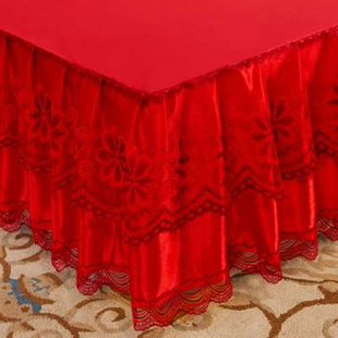 大红色结婚床裙单件2022蕾丝边遮丑喜庆1.5米床罩防滑1.8床套