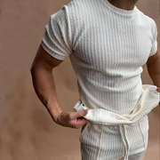 个性型男跨境欧美修身圆领套头短袖收脚长裤，两件休闲纯色运动套装