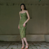 HolidayQueen法式设计感绿色丝绒裙烧花露背吊带连衣裙长裙裙子