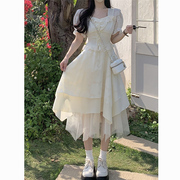 茶歇法式白色方领雪纺，连衣裙女夏季小个子纱裙蛋糕，蓬蓬仙女长裙子