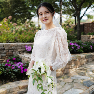 《蔷薇草》韩国蕾丝复古泡泡，袖连衣裙轻婚纱，旅拍婚礼敬酒服礼服