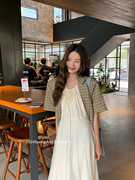 sara韩版复古格子短袖西装，外套女2024夏季宽松显瘦通勤百搭上衣潮