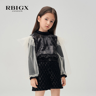 rbigx瑞比克童装冬季丝绒，珠片网纱泡泡袖甜美女童休闲小衫