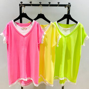 2023夏季韩版宽松中长款背心两件套T恤女v领纯色蕾丝短袖上衣
