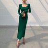 WANGXO绿色法式方领连衣裙女秋季2022修身显瘦开叉长袖打底裙