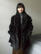2023慵懒黑色仿羊羔毛外套(毛外套，)女中长款加厚保暖毛毛绒(毛毛绒)大衣学院风