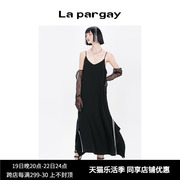 lapargay纳帕佳春季女装黑色，上衣休闲荷叶撞边无袖吊带连衣裙