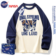 NASA联名纯棉拼色插肩长袖t恤男女秋季韩版设计感小众上衣潮
