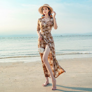 波西米亚气质咖长裙一片式裹身裙花朵连衣裙时尚印花沙滩裙裹裙