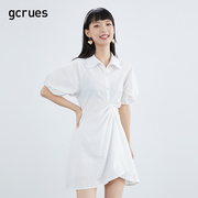 gcrues白色衬衫连衣裙女设计感小众夏扭结A字不规则裙子高腰