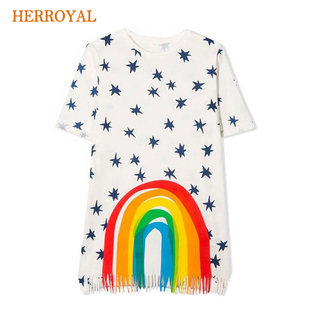 HERROYA 星星彩虹连衣裙女孩T恤裙中长款女童沙滩裙度假亲子