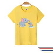 大象图案印花儿童t恤纯棉，短袖夏天中小童上衣女童宝宝男童亲子装