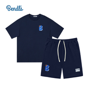 BENDL'S短袖短裤套装潮牌条纹拼接数字字母休闲夏t恤男女同款