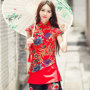中国风2023夏季民族风，女装上衣棉麻花朵中长款短袖衬衫开衫