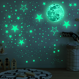 夜光月球发光星星圆点，创意荧光墙贴儿童房，装饰品自粘卡通夜光贴纸