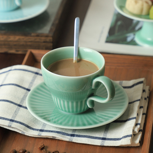陶瓷咖啡杯下午茶杯子家用简约龙泉青瓷茶杯办公室水杯牛奶杯带碟
