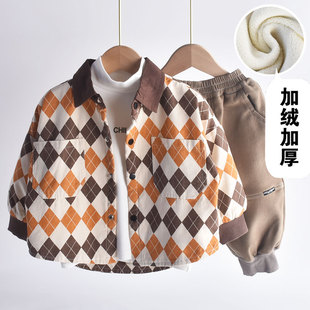 男童加绒衬衫秋冬儿童格子衬衣韩版洋气冬装一体绒加厚外套