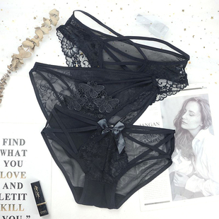 性感黑色镂空诱惑女士内裤，透明网纱蕾丝，蝴蝶结交叉细带个性三角裤