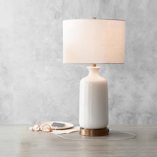 现代简约白玉陶瓷麻布台灯，美式乡村床头，书房客厅桌灯具