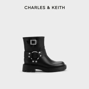 charles&keith秋冬女靴，ck1-90360399复古搭扣，圆头机车靴骑士短靴