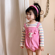 韩版婴儿衣服春秋季套装条绒，背带裤秋装可爱超萌女宝连体衣两件套