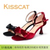 kisscat接吻猫2024夏款细跟高跟，露趾蝴蝶结方头气质绒面女鞋凉鞋