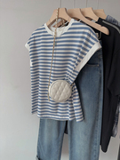 蓝白条纹短袖t恤女夏季夏(夏季夏，)设计感小个子法式别致宽松纯棉体恤上衣