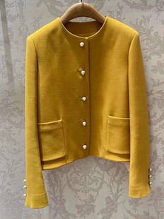 24年春夏珍珠扣姜黄色女短款上衣夹克外套西服外套