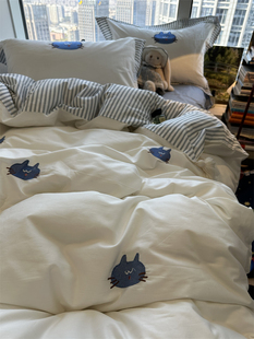 ins流苏蓝色小猫咪北欧刺绣床上四件套全棉，纯棉喵星人1.5m1.8公寓