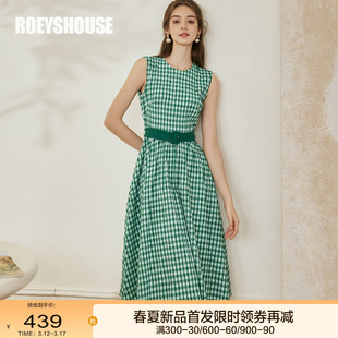 罗衣法式绿色格子连衣裙，女2024春装气质无袖，度假大摆裙10010