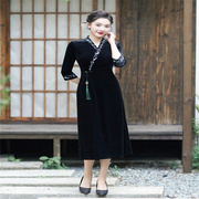 老上海旗袍高端金丝绒七分袖黑色改良版连衣裙子2024秋装低领