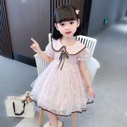 女童连衣裙2023夏季短袖娃娃领蕾丝宝宝公主裙中小童洋气蓬蓬纱裙