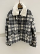 韩羊毛格子短外套时髦设计感羊羔毛领呢子大衣