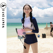 韩国复古撞色长袖防晒分体高腰泳衣女小胸保守遮肚显瘦学生游泳衣