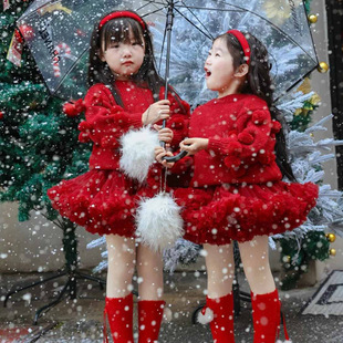 2-7欧美女童圣诞节红色长袖毛衣毛球保暖上衣 冬针织衫tutu裙套装