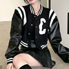 sylcue朋克拽酷风黑色短款外套，女拼接宽松百搭pu皮拉链棒球服上衣