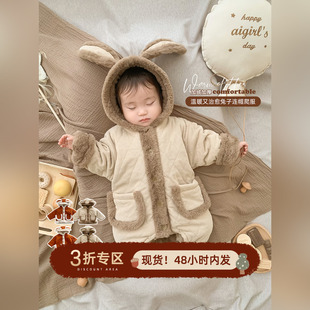 婴儿冬装连体衣加绒加厚外出抱衣新生儿，宝宝可爱兔子耳朵连帽爬服