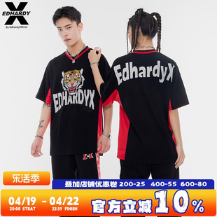 EdHardyX夏季烫钻虎头拼接网格赛车服V领短袖T恤印花T恤上衣